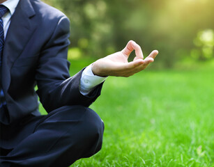 Business man relax in a park in the lotus position