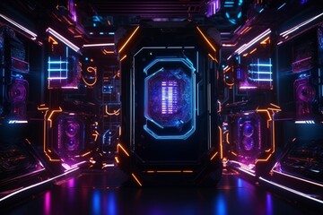 Futuristic computer technology with a laptop in neon colors. For cover backgrounds, wallpapers and other modern projects. Generative AI