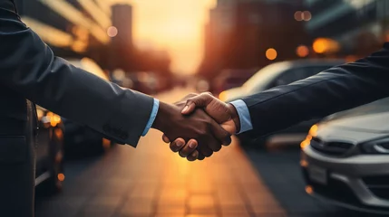 Foto op Plexiglas handshake of business partners in focus, cars in background © Daniel