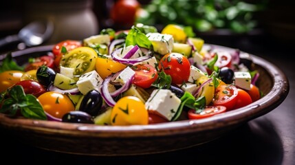 
Close-up of a colorful Mediterranean salad with olives, feta, and cherry tomatoes, showcasing the flavors and health benefits of a Mediterranean diet.
