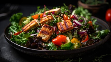 Close-up of a nutrient-rich salad with grilled tofu, quinoa, and mixed greens, emphasizing the balance of flavors and health benefits