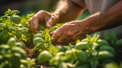 Close-up of hands harvesting aromatic herbs, like basil and mint, in a kitchen garden, capturing the sensory delight of herb gardening.