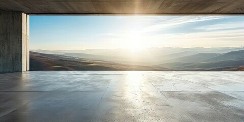 Fototapeta premium Expansive horizon. Captivating square composition of sunset sky empty stone road and modern cityscape embracing beauty of nature and urban architecture