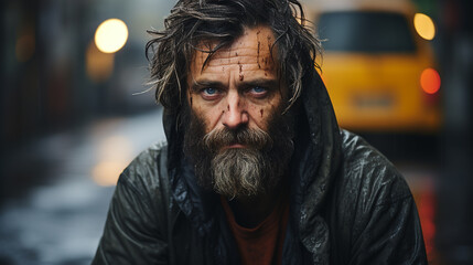 Fototapeta premium Portrait of an old poor homeless man outside in the cold