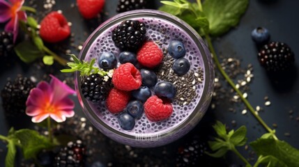 High angle shot of a beautifully arranged superfood smoothie with chia seeds and berries, capturing...