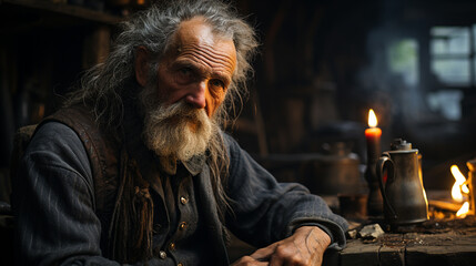 Obraz premium Solitude of Struggle: Old, Hungry, Poor Homeless Man in His Shelter