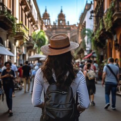 Traveler in a vibrant cityscape, exploring narrow alleys and capturing the essence of local culture, showcasing the excitement of urban travel.