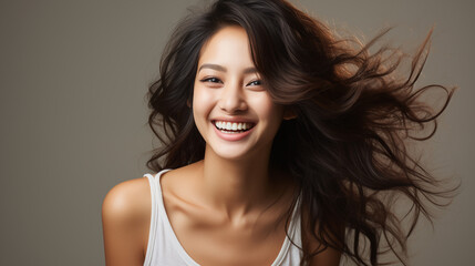 Portrait of beautiful young asian woman with flying hair on gray background
