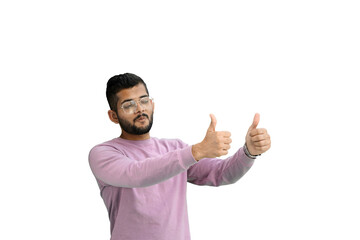 A man, on a white background, in close-up, shows his thumbs up