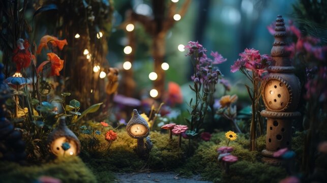 
Whimsical garden with fairy lights, fairy statues, and colorful flowers, Sony A7S III, 50mm f/1.4 lens, illustrating the enchanting and magical side of gardening.