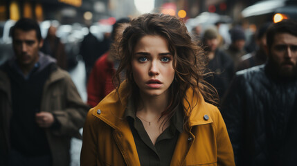 Fototapeta premium Portrait of sad woman in autumn clothes in crowd