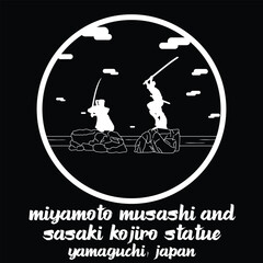 Circle Icon Miyamoto Musashi and sasaki Kojiro Statue. vector illustration
