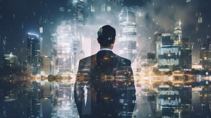 double exposure photography of business man and the beautiful night city