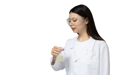 PNG, asian girl chemist lab assistant, isolated on white background.