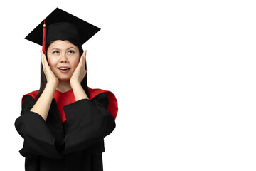 PNG Asian girl in university graduate uniform isolated on white background.