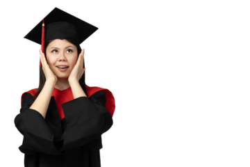 PNG Asian girl in university graduate uniform isolated on white background.