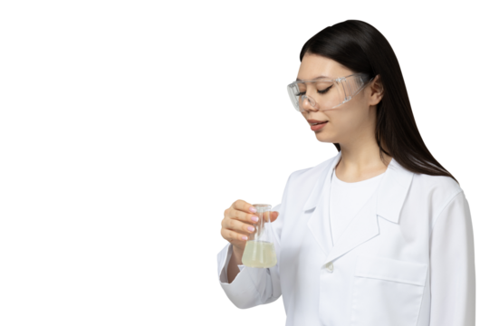 PNG, asian girl chemist lab assistant, isolated on white background.