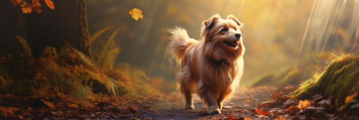 realistic dog with bushy tail and black ears, walking on a dirt path through a forest with tall trees and colorful leaves, with rays of sunlight and mist creating magical atmosphere - obrazy, fototapety, plakaty