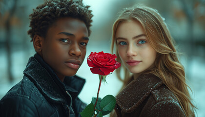 Portrait of Black American man gives red rose to white woman. Mix races. Concept of Valentine's Day, Passion, Love, Relationships, Romantic