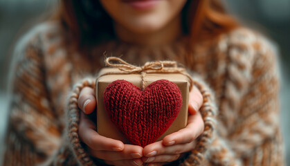 Close up hands holding a gift box with knitted heart. Concept of Valentine's Day, Love, Relationships, Romantic, Celebration