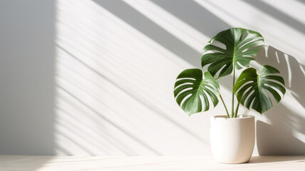 Minimalistic light background with blurred Monstera Deliciosa plant pot shadow on a light wall. Beautiful background for presentation with with marble floor