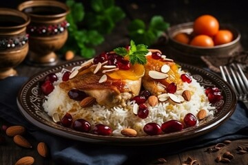 Traditional Saudi Arabian chicken dish with basmati rice, spices, tomatoes, nuts, and raisins. Generative AI