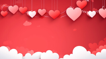 Poster or banner with red sky and paper cut clouds. Place for text. Happy Valentine's day