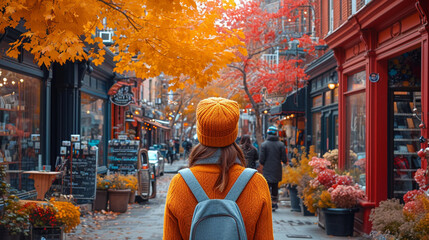 A vibrant urban scene with a lovely woman donning a fashionable hat, walking down a bustling city street lined with colorful storefronts and modern architecture.