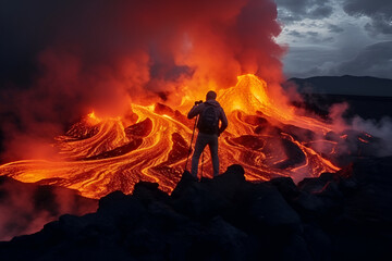The man stands a front of an erupting volcano, back view