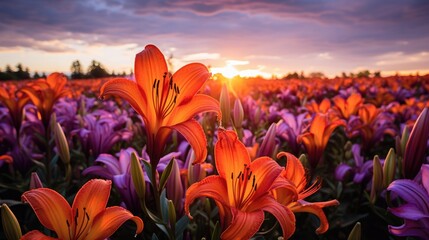a field of vibrant orange lilies at sunset, wide shot, capturing the expanse of the field with a...