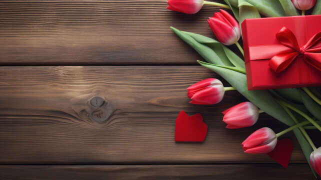 Valentines Day old wood background with gift box, hearts and red tulips