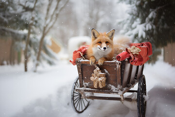 The smiling red fox sits in the Christmas sleigh