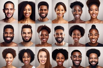 Black History Month, Collage With Smiling African American People Faces Over Grey Backgrounds - Powered by Adobe