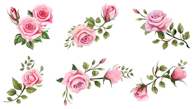 Spring sakura cherry blooming flowers bouquet. Isolated realistic pink petals, blossom, branches, leaves vector set. Design spring tree illustration,generative ai