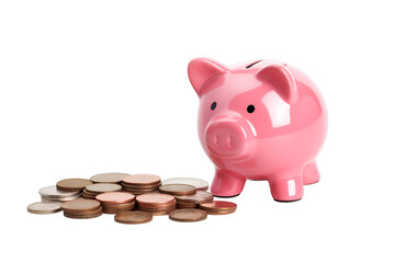 pink piggy bank with pile of coins , Isolated on transparent PNG background, Generative ai