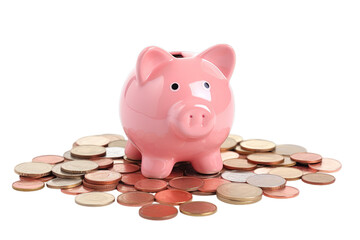  pink piggy bank with pile of coins , Isolated on transparent PNG background, Generative ai