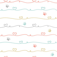 Cute Hand drawn seamless pattern with heart line and pawprint. cute pet dog or cat background. Cute design for greeting card, scrapbooking, paper goods, background, textile, wrapping, fabric and more. - obrazy, fototapety, plakaty