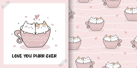 Cute Valentine Card and Seamless Pattern set with Kawaii Cute Cats. Hand drawn cute Cat in a cup,  doodle style characters Animals background. Vector Illustration
