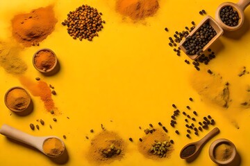 Turmeric powder fresh curcuma black pepper herbs isolated on yellow color background empty space