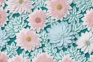 Floral background with embroidered volumetric flowers, light colors. white view
