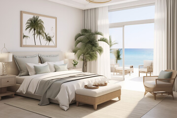 The bedroom design has an orange background with a spacious room and a view of the beach outside the window. Modern minimalist bedroom interior design. The room decoration is aesthetically luxurious a