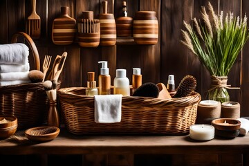 Fototapeta na wymiar Spa and cosmetics, basket with towel rolls in rustic interior. Natural materials in bathroom. Wooden hair brush. Bamboo comb on the dressing table. Eco-friendly hair care products. Natural beauty