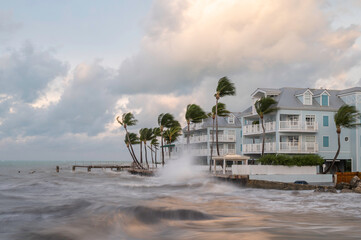 An angry ocean, lashing the shore of Key West, Florida, as it is glanced by a hurricane, at sunrise