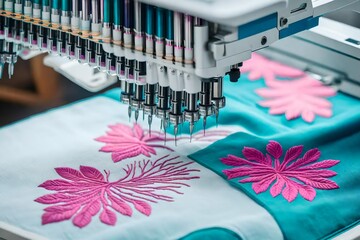 Close up picture workspace of embroidery machine show embroider tree design theme. And two thraeds cyan and pink color. white view 