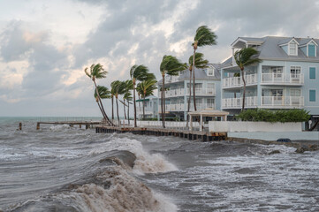 An angry ocean, lashing the shore of Key West, Florida, as it is glanced by a hurricane, at sunrise