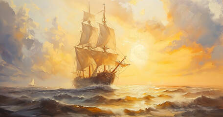 A mesmerizing sea landscape depicted in oil paintings, featuring fishermen, ships, and boats, capturing the essence of maritime life with artistic flair.