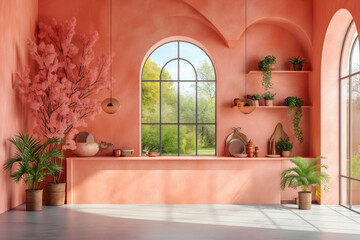 Kitchen with large window in peach fuzz shades of colors in frontal perspective