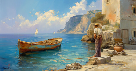 A mesmerizing sea landscape depicted in oil paintings, featuring fishermen, ships, and boats, capturing the essence of maritime life with artistic flair.