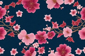Fototapeta na wymiar Embroidery floral pattern with oriental cherry blossom.