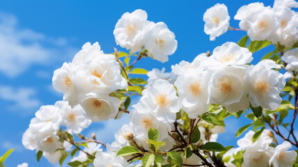 Clossed up white bush roses on a background of blue sky